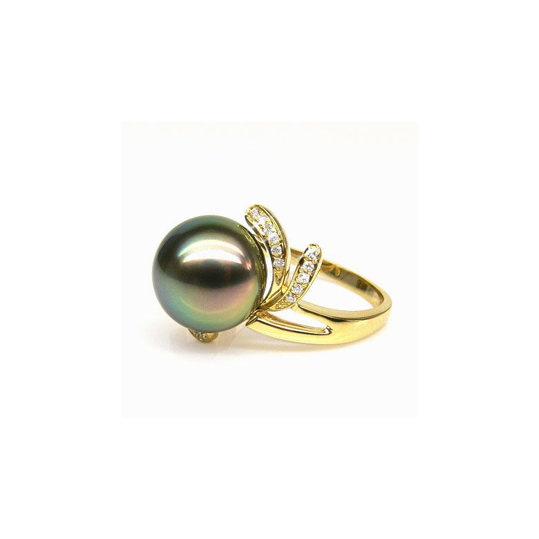 Anello Fiore - Oro Giallo, Diamanti e Perla di Tahiti - 5