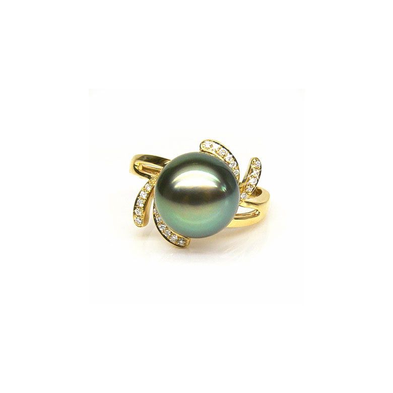 Anello Fiore - Oro Giallo, Diamanti e Perla di Tahiti - 1