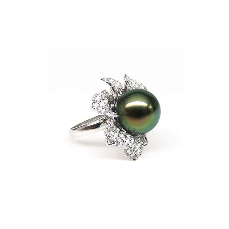 Anello Petali - Oro Bianco, Diamanti e Perla di Tahiti - 1