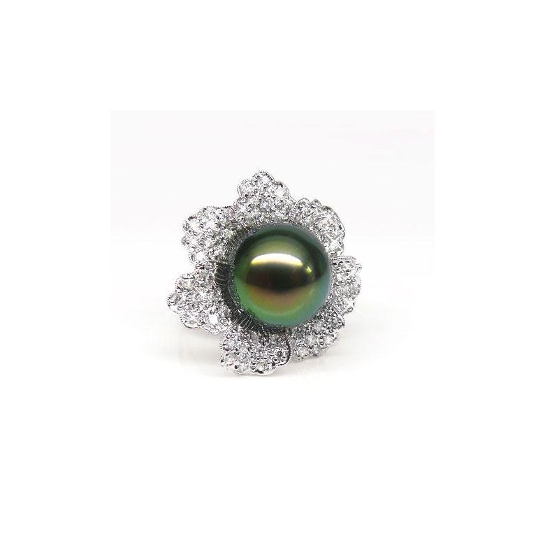 Anello Petali - Oro Bianco, Diamanti e Perla di Tahiti - 2