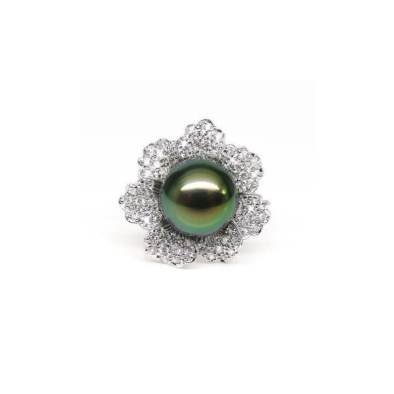 Anello Petali - Oro Bianco, Diamanti e Perla di Tahiti - 3