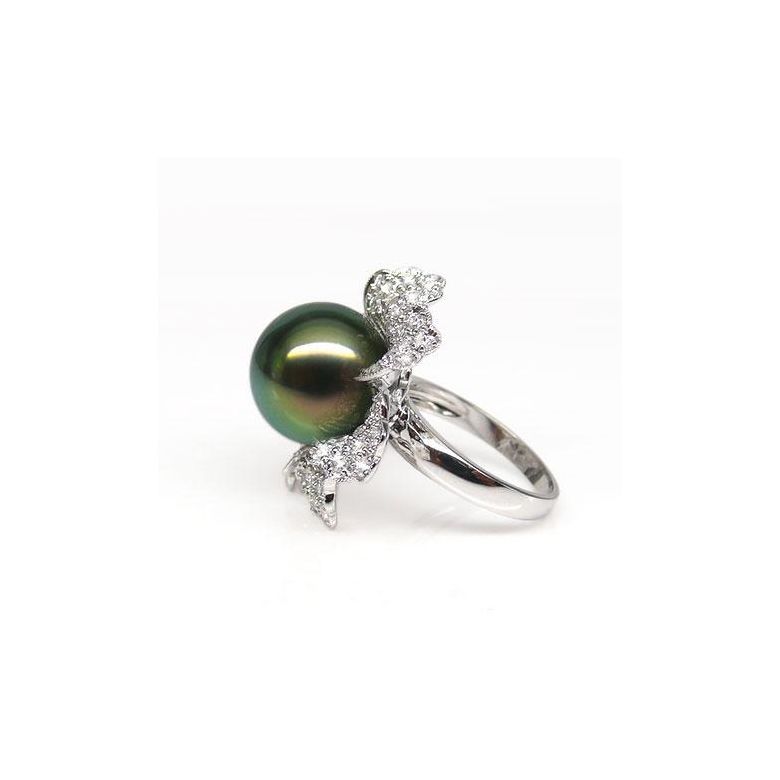 Anello Petali - Oro Bianco, Diamanti e Perla di Tahiti - 4