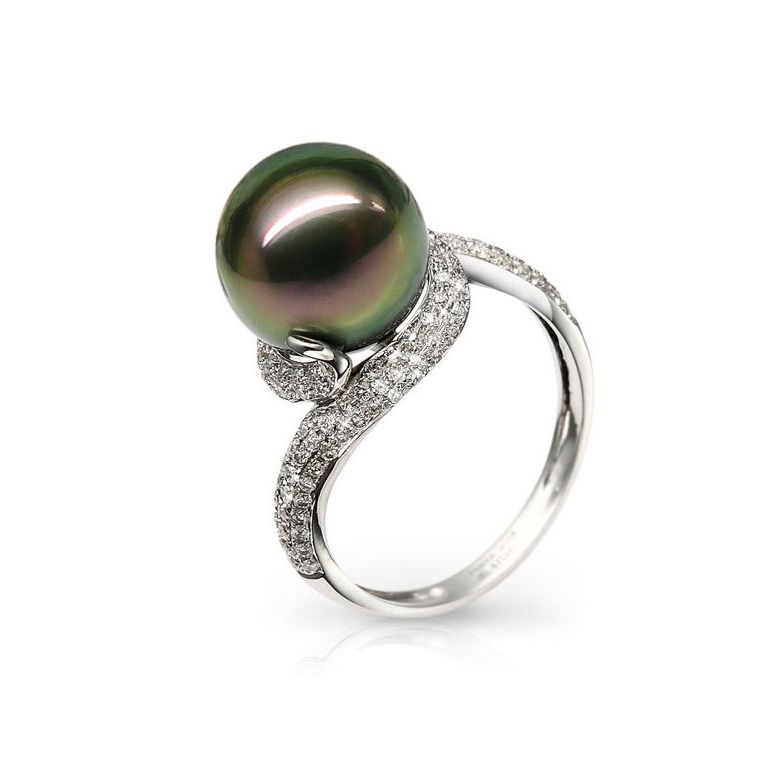 Anello Guyanes - Oro Bianco, Diamanti e Perla di Tahiti - 1