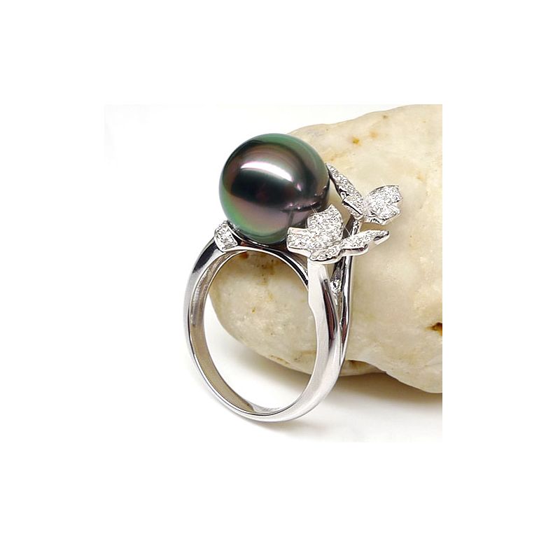 Anello Farfalla Maiao - Oro Bianco, Diamanti e Perla di Tahiti - 3