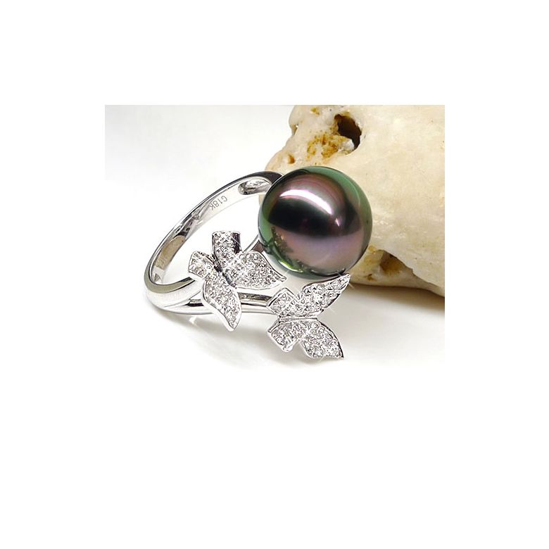 Anello Farfalla Maiao - Oro Bianco, Diamanti e Perla di Tahiti - 5