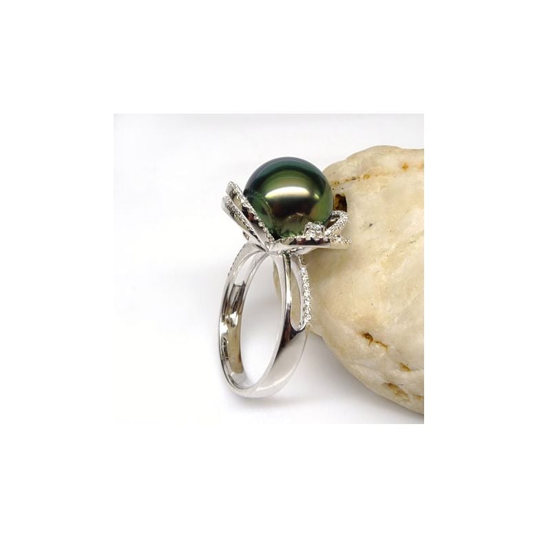 Anello Floride - Oro Bianco, Diamanti e Perla di Tahiti - 5