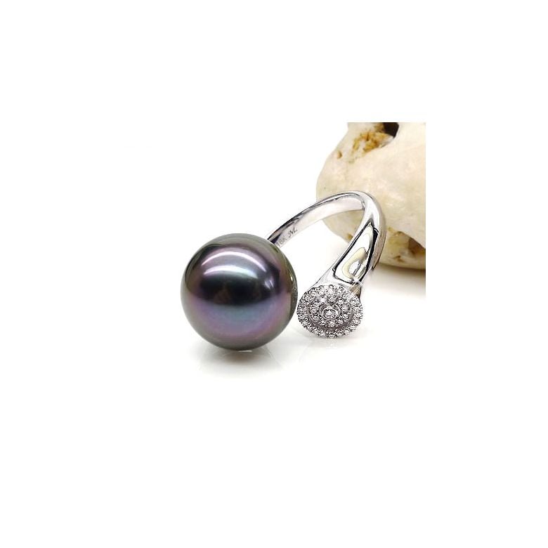 Anello Malouines - Oro Bianco, Diamanti e Perla di Tahiti - 2