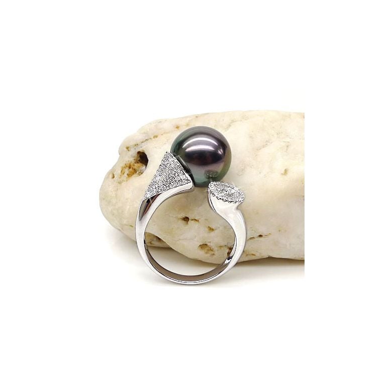 Anello Malouines - Oro Bianco, Diamanti e Perla di Tahiti - 3