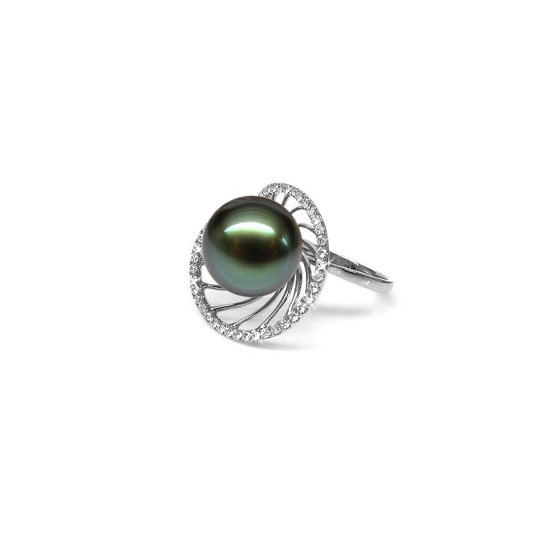 Anello Elliptique - Oro Bianco, Diamanti e Perla di Tahiti - 1