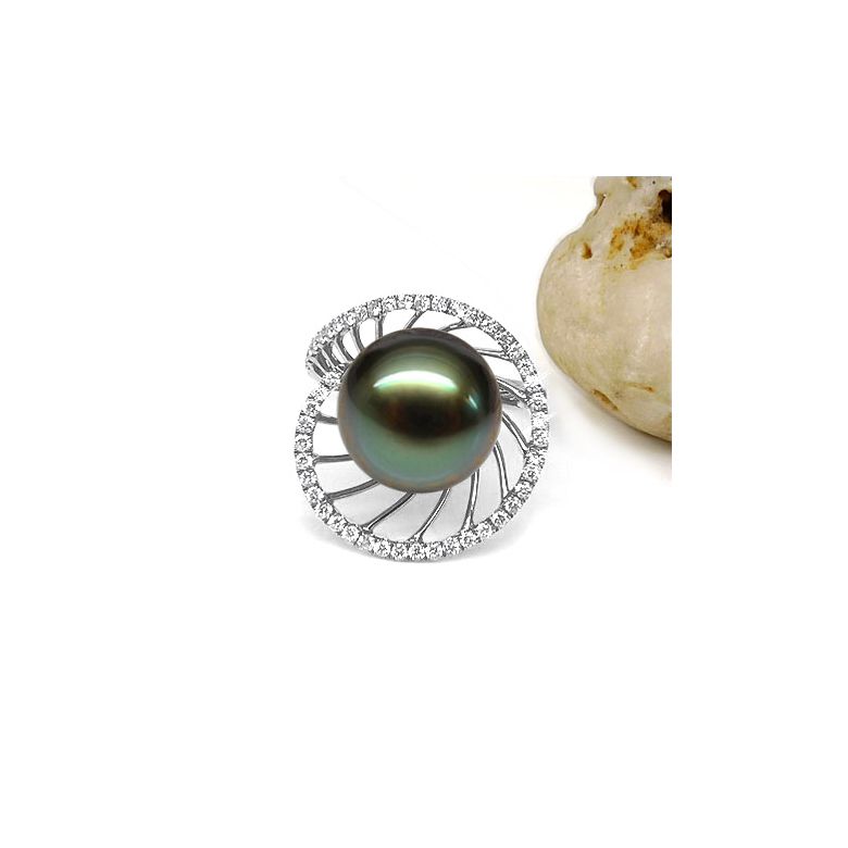 Anello Elliptique - Oro Bianco, Diamanti e Perla di Tahiti - 3