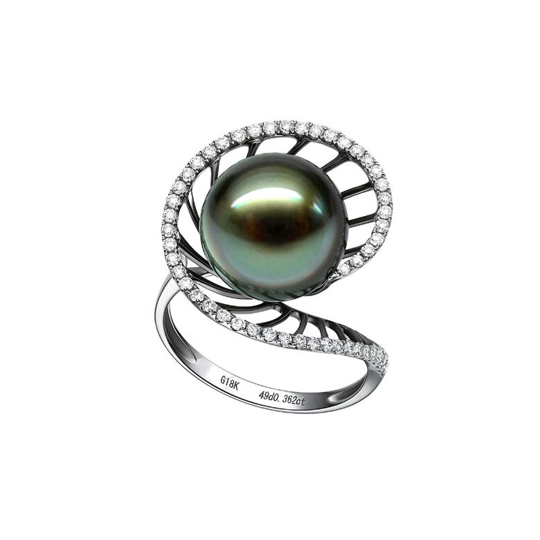 Anello Elliptique - Oro Bianco, Diamanti e Perla di Tahiti - 4