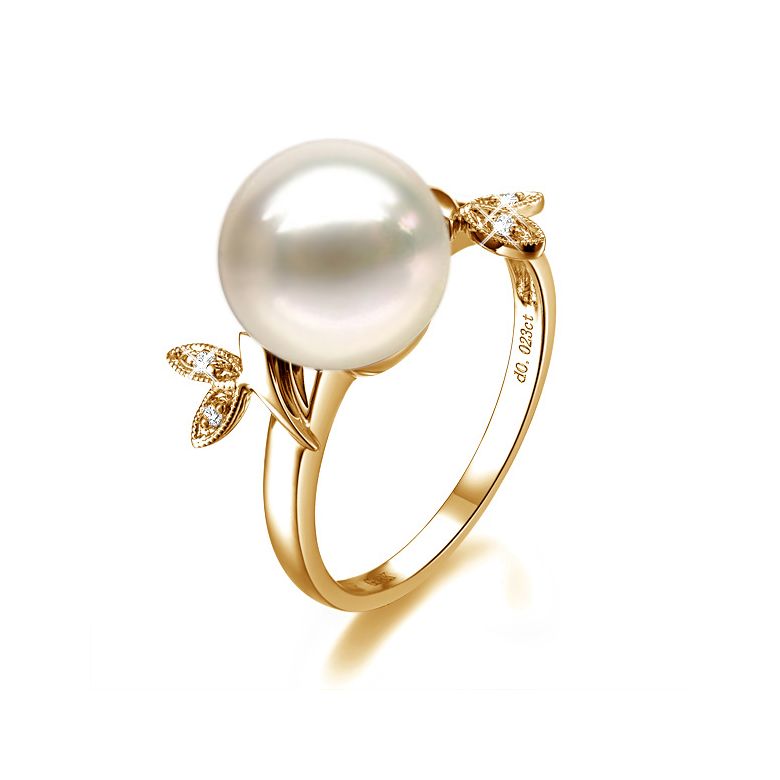 Anello Feuilles Étincelantes - Oro Giallo 18kt, Diamanti e Perla d'Acqua Dolce - 1