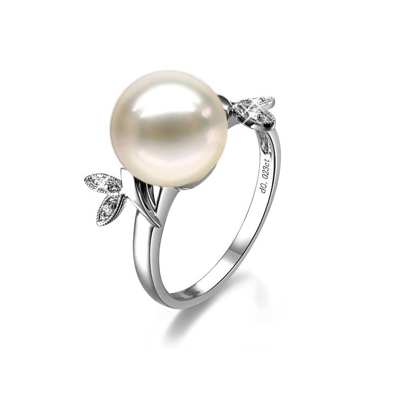 Anello Feuilles Étincelantes - Oro Bianco 18kt, Diamanti e Perla d'Acqua Dolce - 1