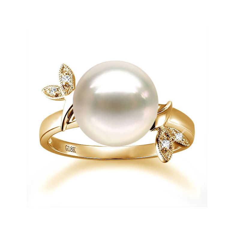 Anello Feuilles Étincelantes - Oro Giallo 18kt, Diamanti e Perla d'Acqua Dolce - 2