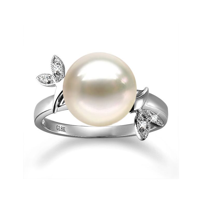 Anello Feuilles Étincelantes - Oro Bianco 18kt, Diamanti e Perla d'Acqua Dolce - 2
