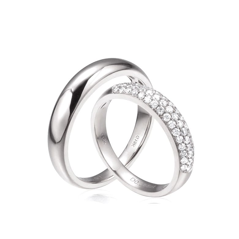 Coppia Fedi Nuziali Bombate Bianca & Blaine - Oro Bianco 18kt & Diamanti - 1