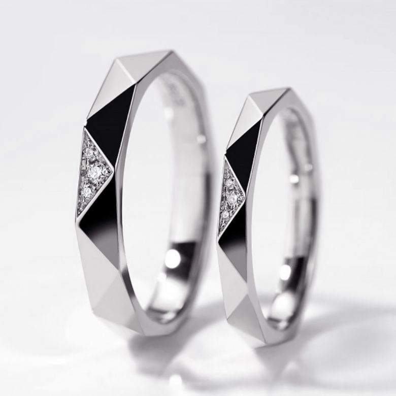 Fede nuziale Triangulaire Uomo Oro Bianco 18cts e Diamanti - 4