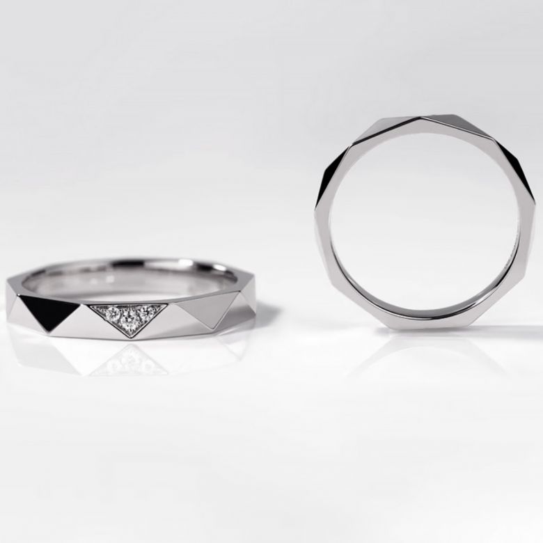 Fede nuziale Triangulaire Uomo Oro Bianco 18cts e Diamanti - 3