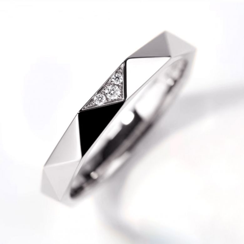 Fede nuziale Triangulaire Uomo Oro Bianco 18cts e Diamanti - 1