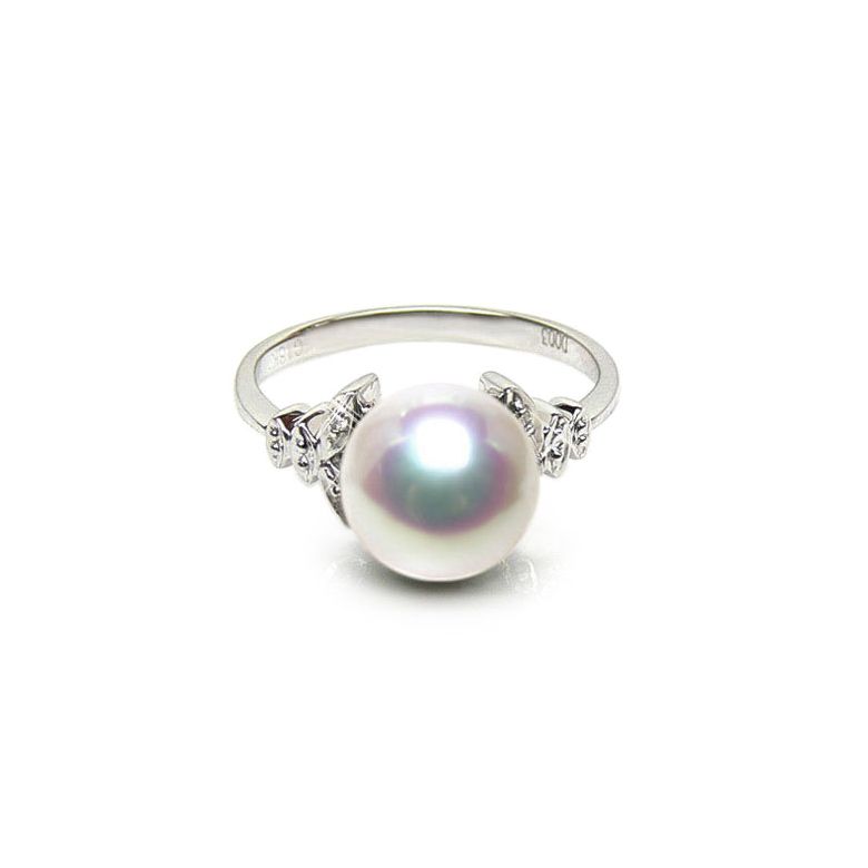 Anello Kiku - Oro Bianco, Diamanti e Perla Akoya Bianca - 1