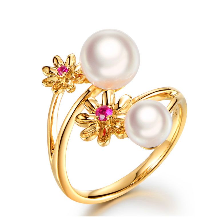 Anello oro giallo Toi et Moi Perla Akoya. Fiori, Zaffiri rosa - 1