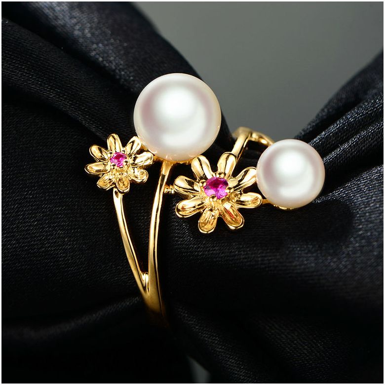 Anello oro giallo Toi et Moi Perla Akoya. Fiori, Zaffiri rosa - 6