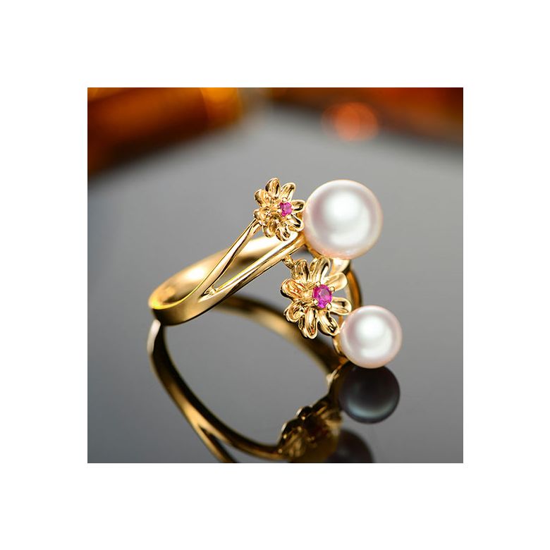 Anello oro giallo Toi et Moi Perla Akoya. Fiori, Zaffiri rosa - 7