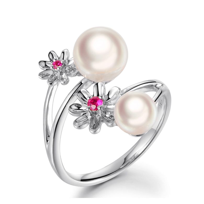 Anello Toi et Moi Perla Akoya Japon. Fiori, Zaffiri rosa - 1