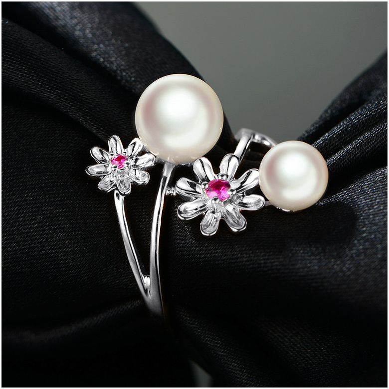 Anello Toi et Moi Perla Akoya Japon. Fiori, Zaffiri rosa - 3