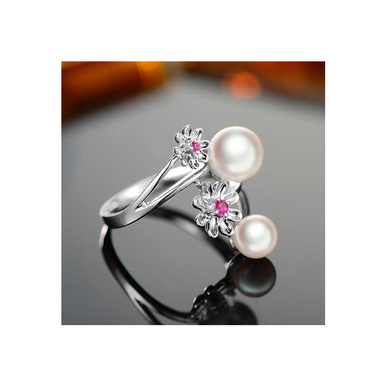 Anello Toi et Moi Perla Akoya Japon. Fiori, Zaffiri rosa - 4