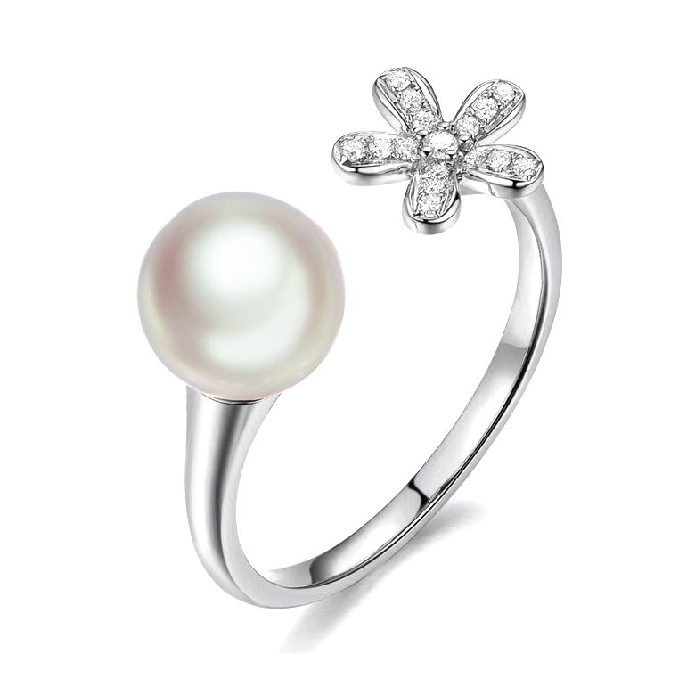 Anello Ko No Hana - Oro Bianco, Diamanti e Perla Akoya - 1