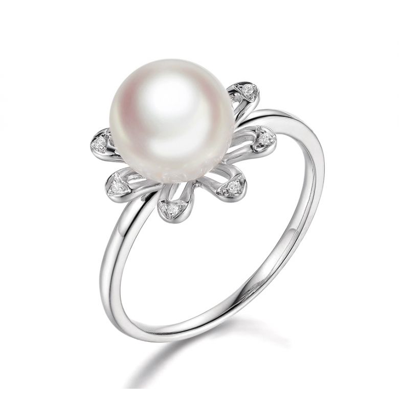 Anello Yuki No Hana - Oro Bianco, Diamanti e Perla Akoya - 1