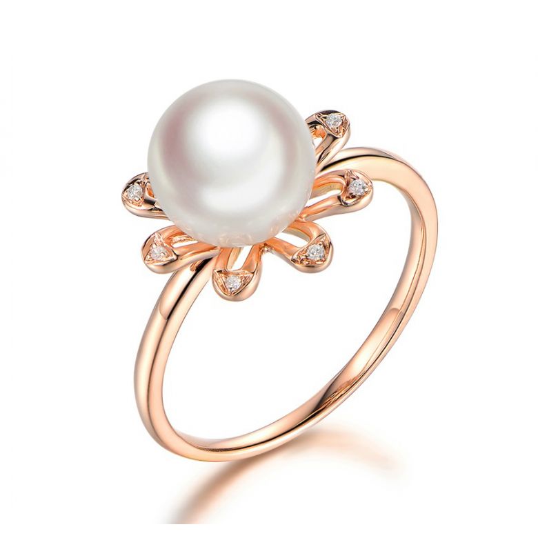 Anello Yuki No Hana - Oro Rosa, Diamanti e Perla Akoya - 1