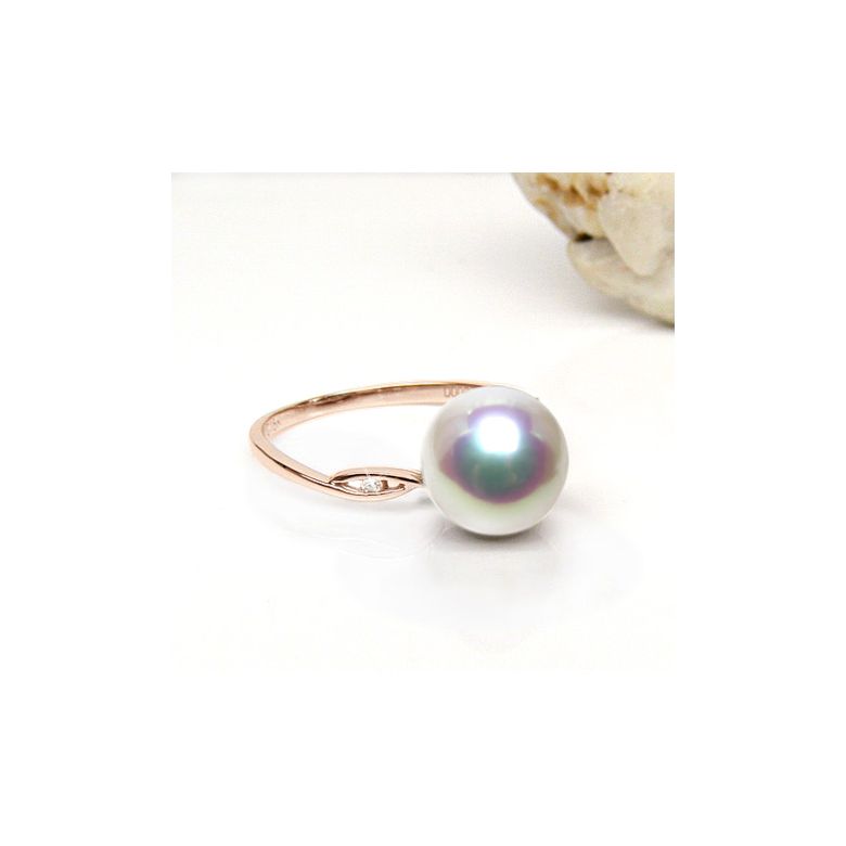 Bague or blanc - Perle Akoya blanche Japon - Diamants sertis rails