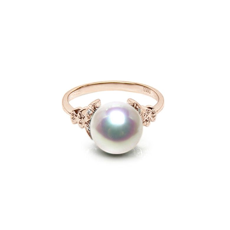 Anello Kiku - Oro Rosa, Diamanti e Perla Akoya Bianca - 1