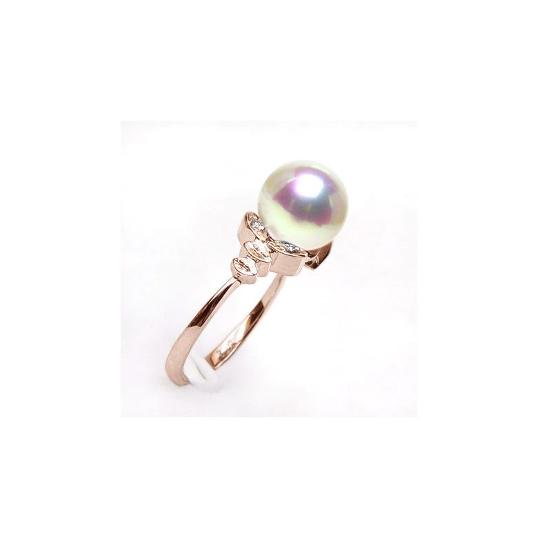 Anello Kiku - Oro Rosa, Diamanti e Perla Akoya Bianca - 2