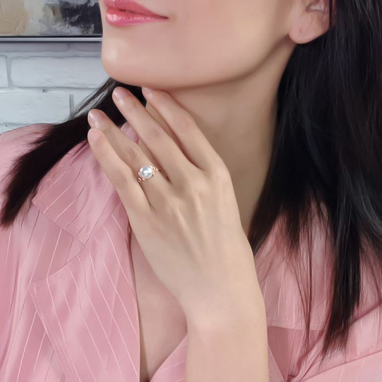 Anello Kiku - Oro Rosa, Diamanti e Perla Akoya Bianca - 4