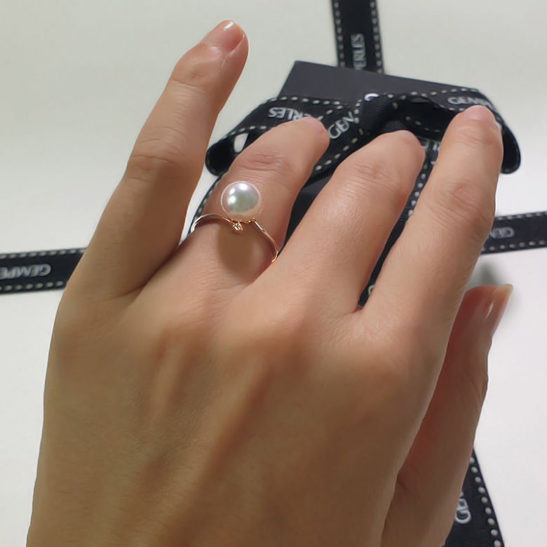 Anello Ayame - Oro Rosa, Diamanti e Perla Akoya - 8