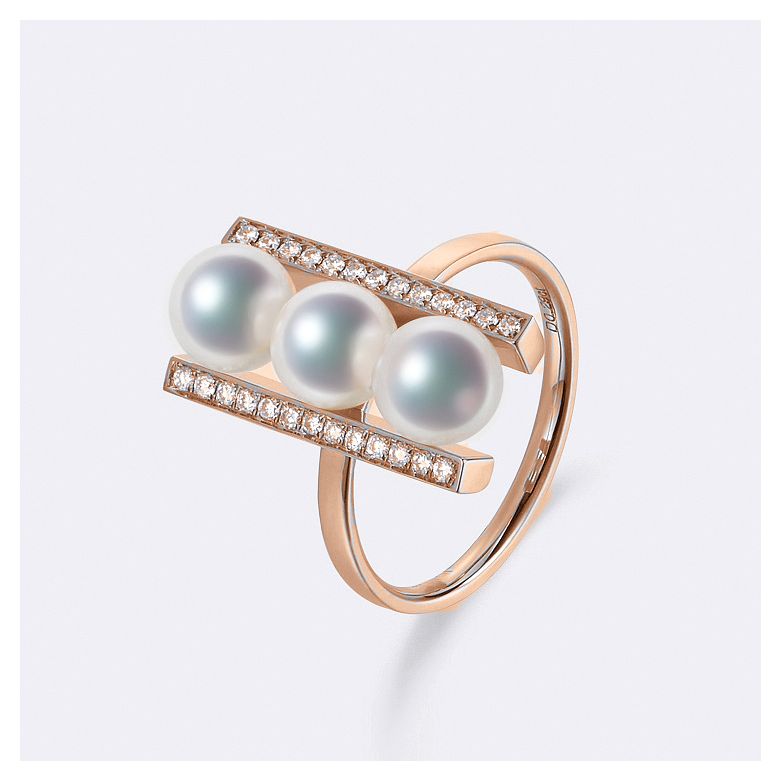Anello Otohiko - Oro Rosa, Diamanti e 3 Perle Akoya - 2