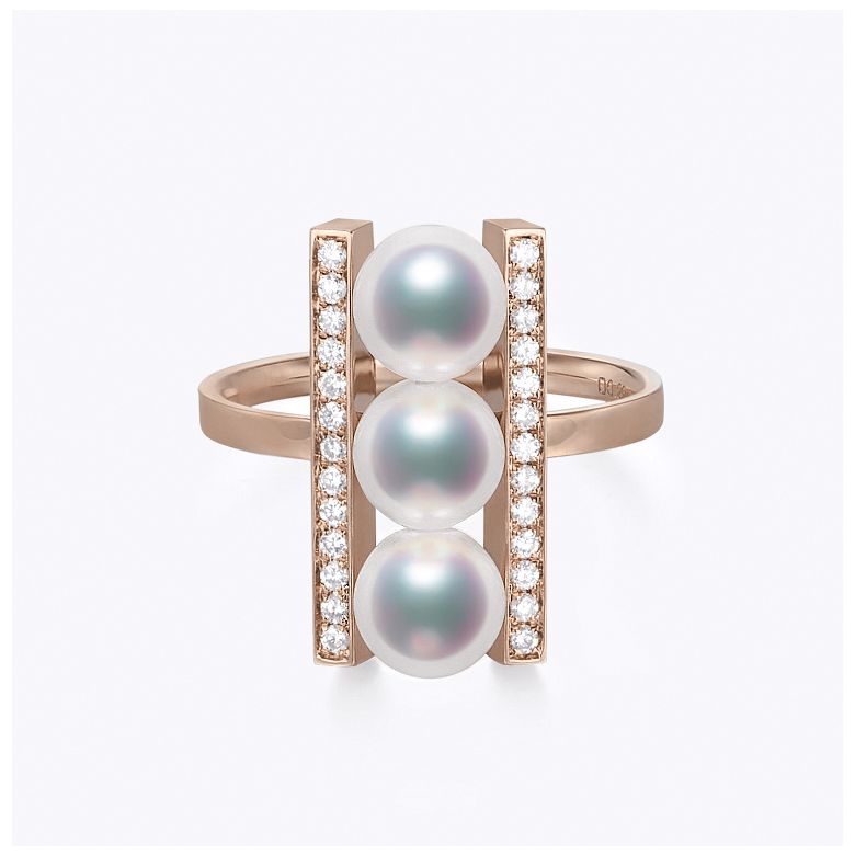 Anello Otohiko - Oro Rosa, Diamanti e 3 Perle Akoya - 1