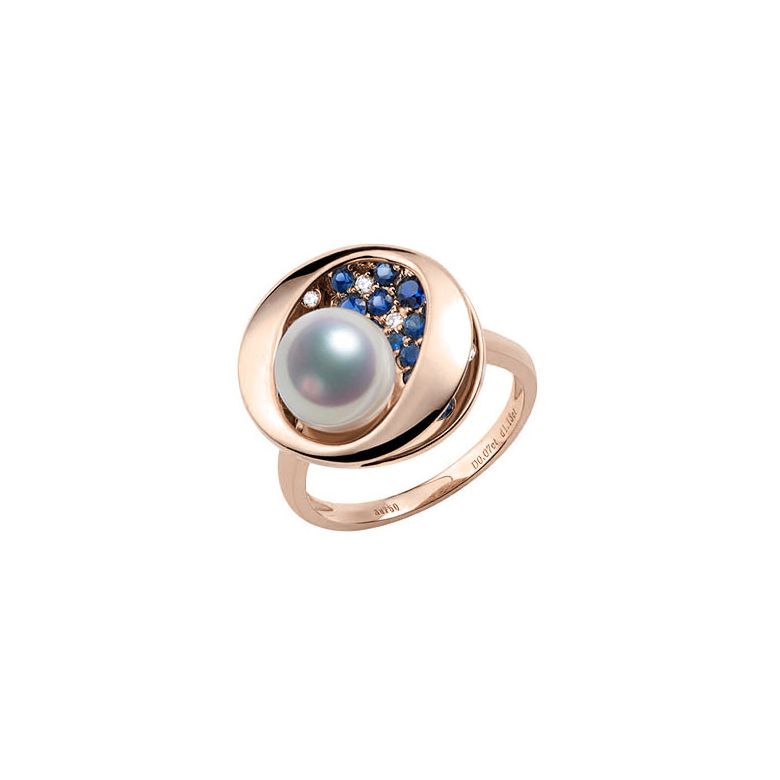 Anello con Perla Akoya Seiza - Diamanti, Zaffiri & Oro Rosa - 1