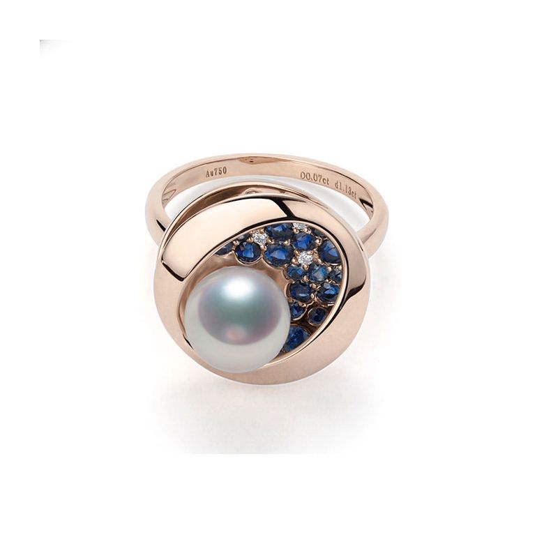 Anello con Perla Akoya Seiza - Diamanti, Zaffiri & Oro Rosa - 3