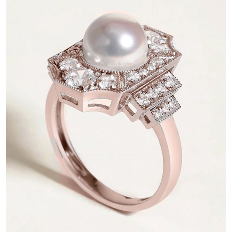 Anello Art Déco Perle Akoya - Collezione Géométria Préciosa oro rosa - 6