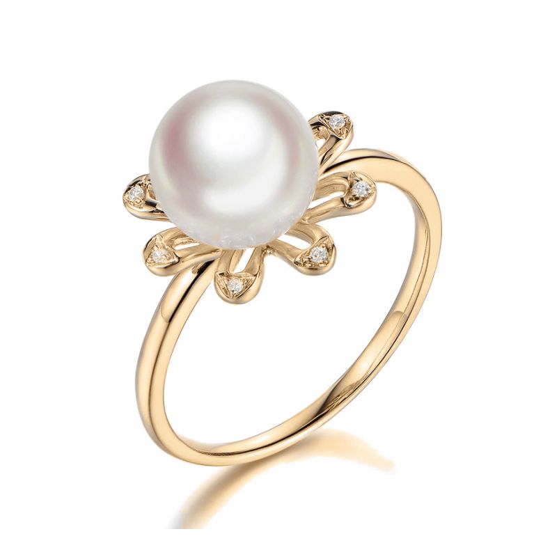 Anello Yuki No Hana - Oro Giallo, Diamanti e Perla Akoya - 1