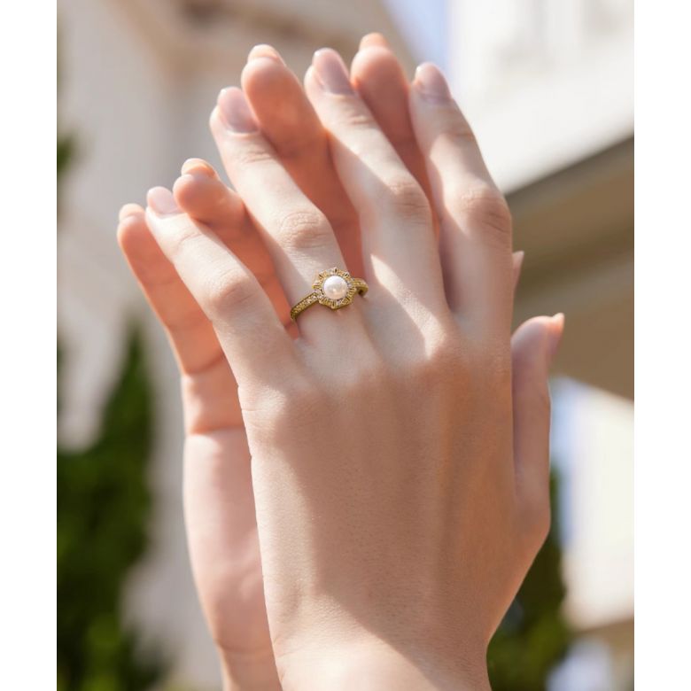 Anello Géometria Préciosa in oro giallo - Perle Akoya e diamanti scintillanti - 5
