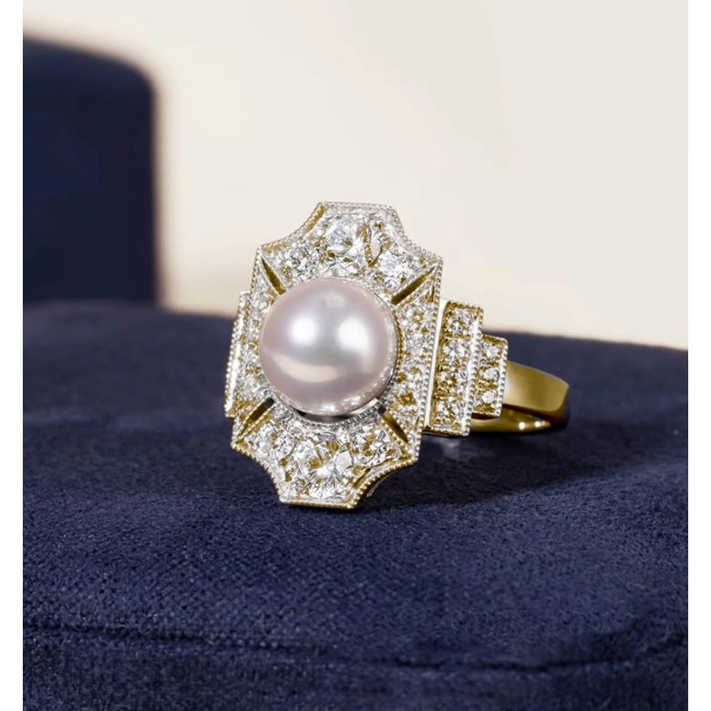 Anello Art Déco Perle Akoya - Collezione Géométria Préciosa oro giallo - 2