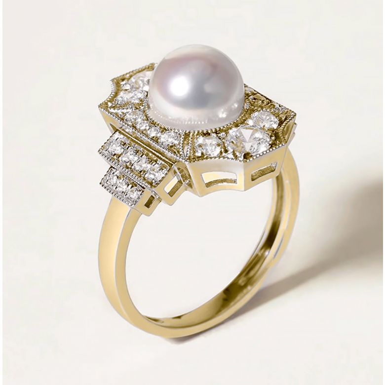 Anello Art Déco Perle Akoya - Collezione Géométria Préciosa oro giallo - 4