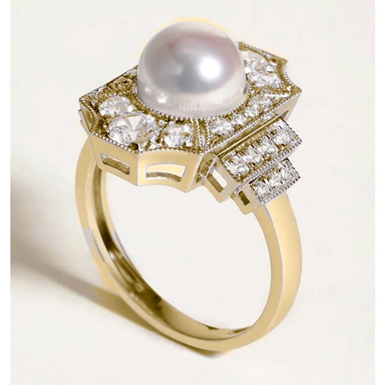 Anello Art Déco Perle Akoya - Collezione Géométria Préciosa oro giallo - 6