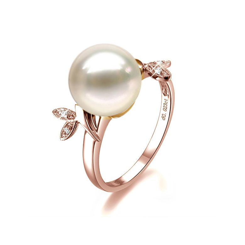 Anello Feuilles Étincelantes - Oro Rosa 18kt, Diamanti e Perla d'Acqua Dolce - 1