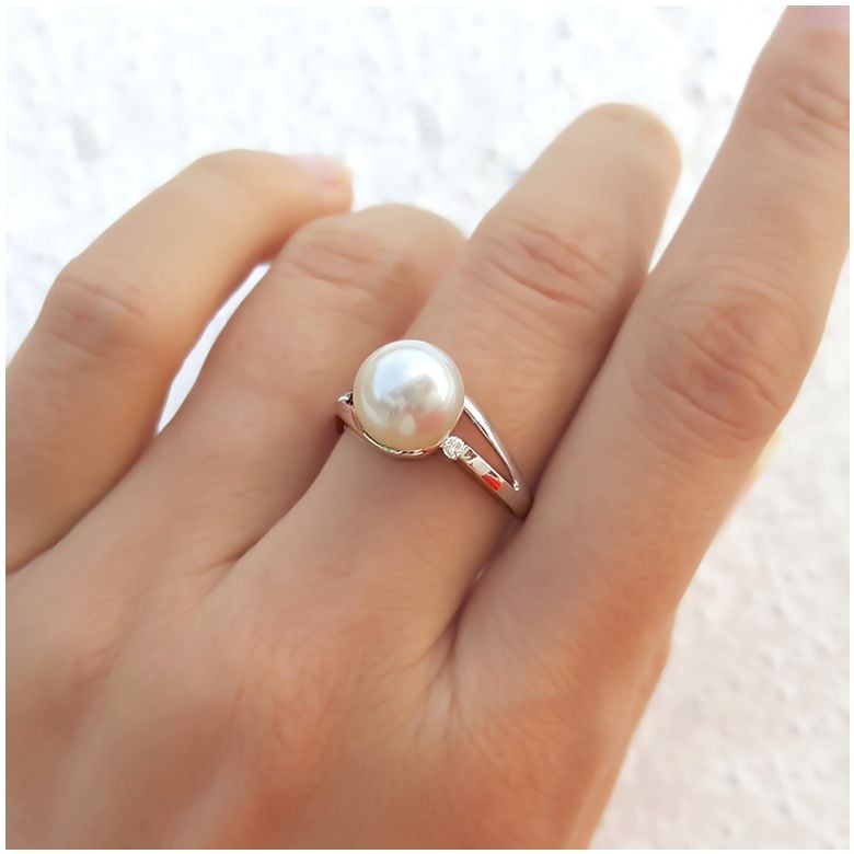 Anello Feuilles de Style - Oro Bianco 18kt e Perla d'Acqua Dolce - 2